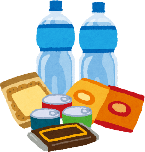 Illustration of Emergency Food Supplies Including Water and Non-Perishable Snacks