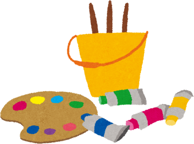 Illustration of Paint Set with Palette, Brushes, and Bucket